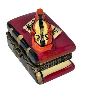 Limoges Porcelain Book Trinket Box with Violin in Red and Orange